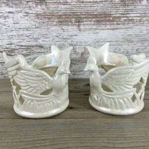 Set of 2 Ceramic Dove Bird & Star Votive Candle Holders Tall Pearl Iridescent